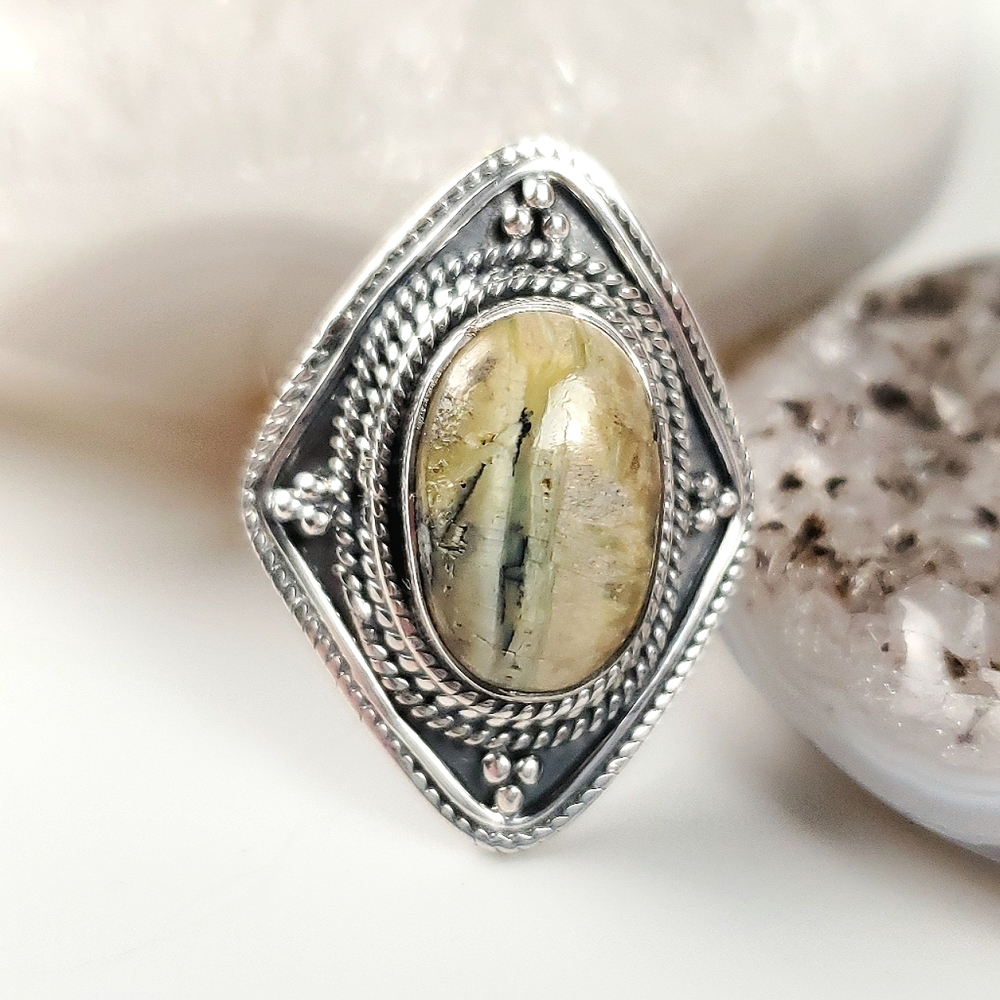Sterling Silver African Green Opal Shield Ring Size 8.5